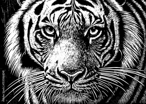 tiger's face with piercing eyes and sharp stripes black and white sketch vector best for tattoo