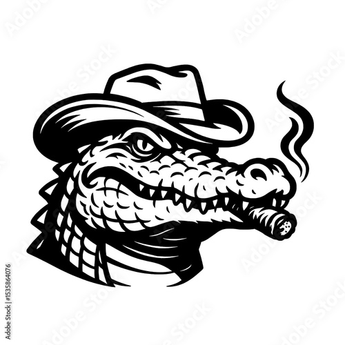 Crocodile Cowboy Smoking Cigar in Black and White Vector Illustration