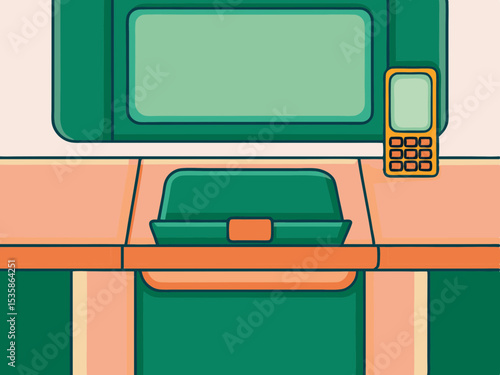 Self checkout kiosk, green and orange design, for grocery stores