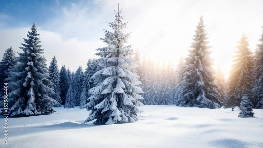 Sunlit snowy coniferous trees in a winter landscape with blue sky and fresh deep snow covering the ground in a forest, cold crisp scenery Sunlit snowy coniferous trees in a winter landscape with blue sky and fresh deep snow covering the ground in a forest, cold crisp scenery