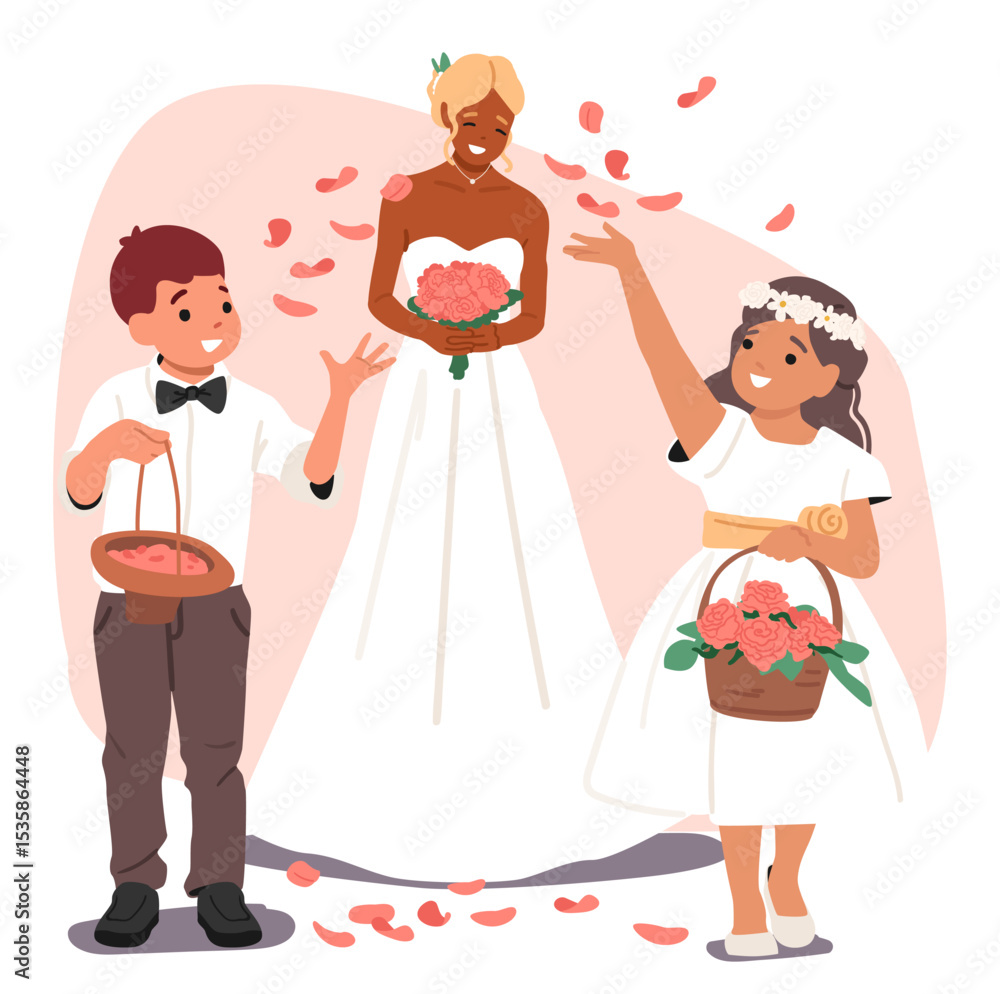 Happy bride in wedding dress walking under rose petals rain throwing by cute children cartoon scene Happy bride in wedding dress walking under rose petals rain throwing by cute children cartoon scene
