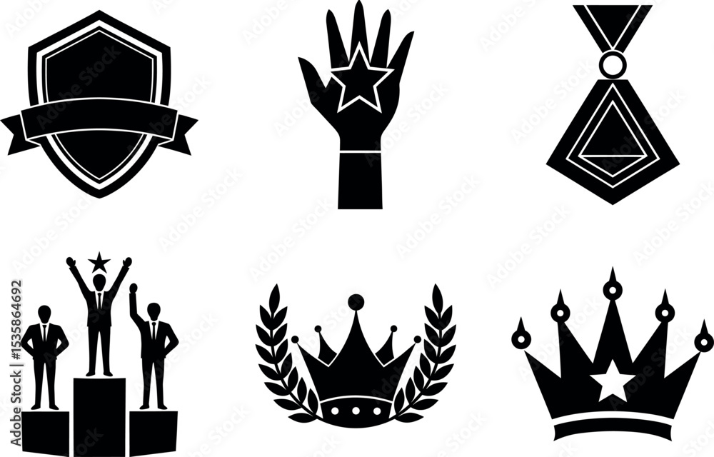 Set of awards and achievements black silhouette vector illustration Set of awards and achievements black silhouette vector illustration