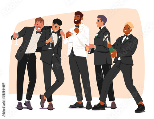 Happy groom celebrating wedding ceremony with group of groomsman and friends cartoon scene