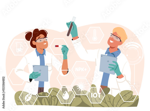 Biotechnology scientists cartoon characters focused on examining and testing new breed of vegetables