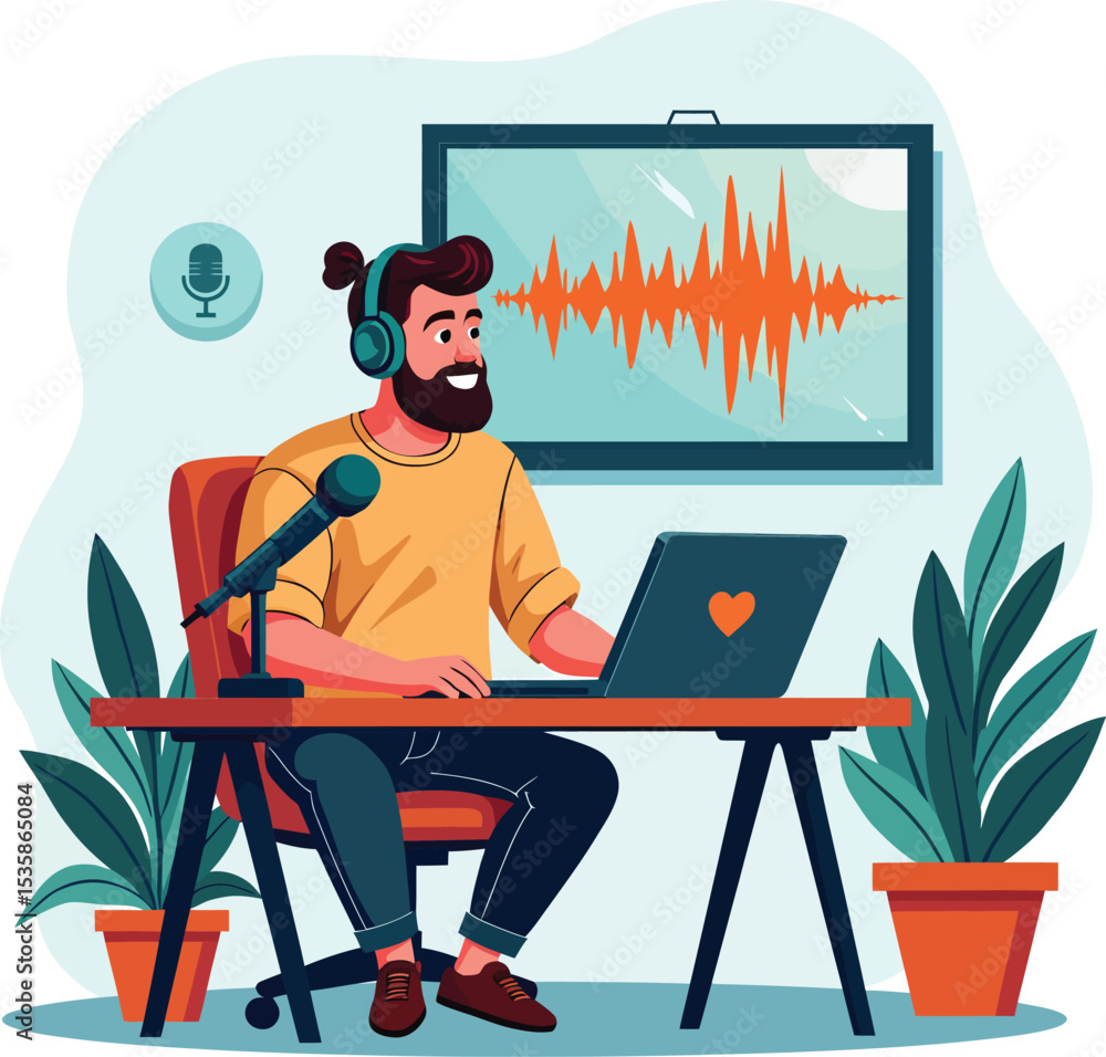 Podcast recording studio setup man with microphone headphones laptop and waveform illustration vector art Podcast recording studio setup man with microphone headphones laptop and waveform illustration vector art