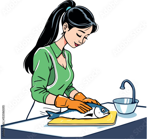 Vsai woman wearing gloves preparing fish in kitchen