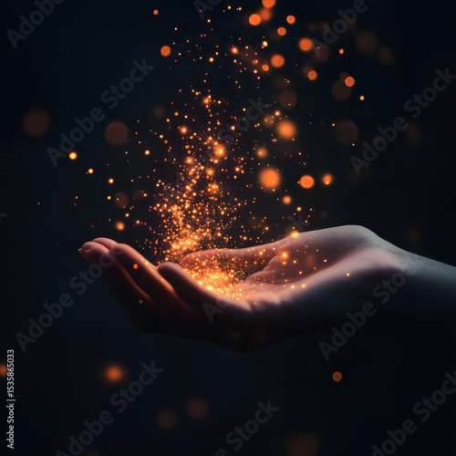 Hand holding glowing magic particles on dark background