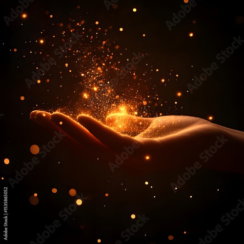 Hand holding magic golden light and glittering particles on dark background