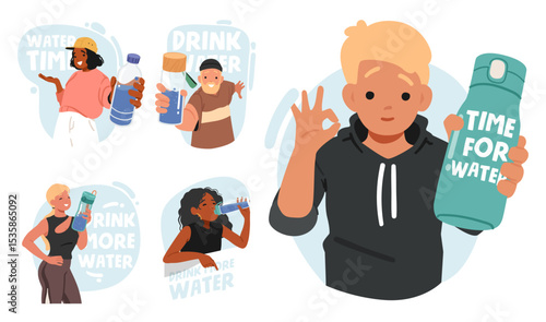 Adults and children characters promoting to drink more water and take break for refreshment set