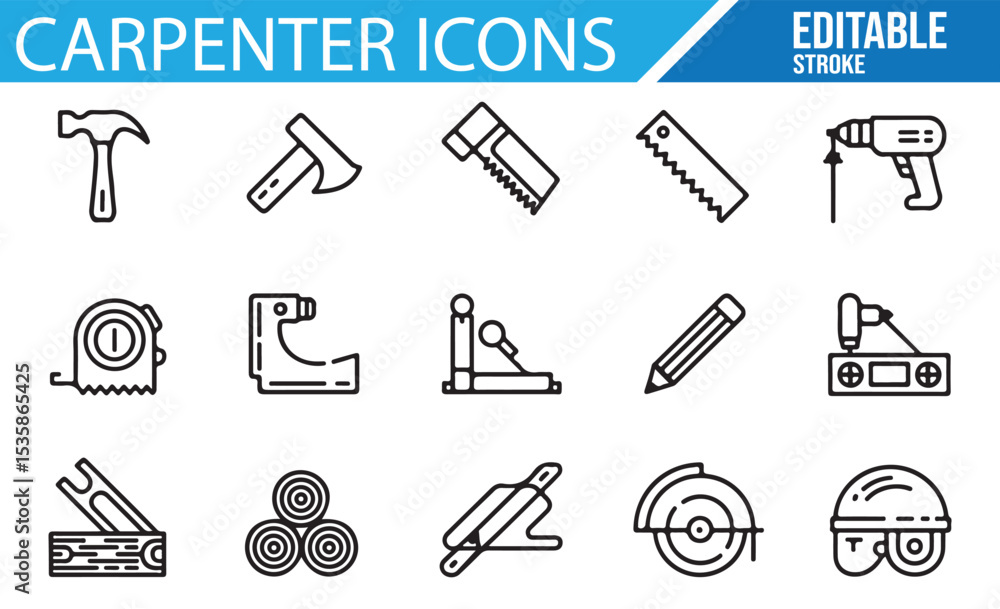 Fototapeta premium Editable Stroke Woodworking Icons for Carpentry, Craftsmanship, and DIY Projects