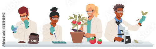 Scientists team working at agricultural laboratory inspecting soil, plants and cultivated vegetables