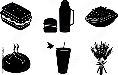 Assorted picnic food and wheat bundle silhouette vector illustration