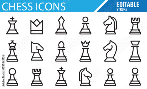 Editable Stroke Chessboard and Game Pieces Icons for Tournament and Strategy Design