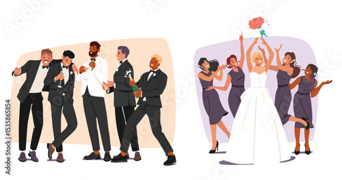Wedding witnesses cartoon scene set showcasing bride throwing bouquet and groom with groomsman
