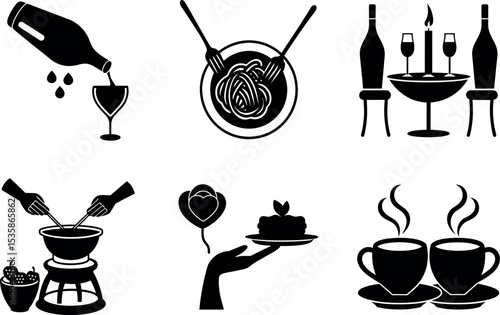 Romantic dinner and dating elements silhouette vector illustration