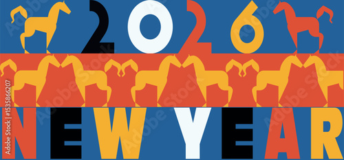 Stylized 2026 digits with decorative horses. Contemporary festive design in flat geometric style.