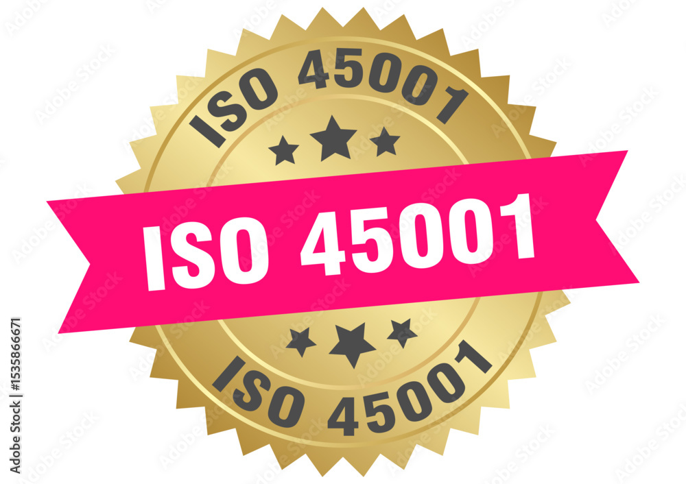 Obraz premium iso 45001. iso 45001 round pink and gold label isolated on transparent background