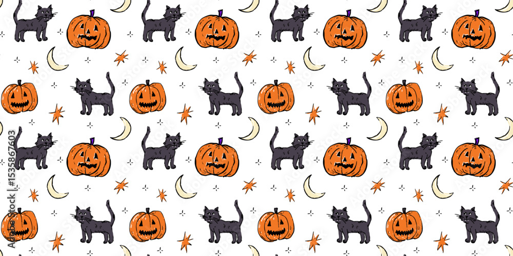 Fototapeta premium Fun and spooky seamless Halloween pattern featuring hand-drawn black cats, carved pumpkins, stars, and crescent moons on a white background.