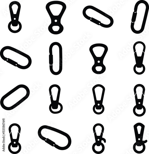 A versatile vector illustration set of colorful carabiner clips and keychains with various shapes, ideal for outdoor, security, and sports designs. Functional collection.