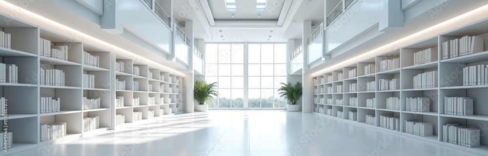 Spacious library interior with white shelves full of books. Modern architecture design creates a clean open study space. Minimalist indoor hall with reading resource. Bright learning environment. Spacious library interior with white shelves full of books. Modern architecture design creates a clean open study space. Minimalist indoor hall with reading resource. Bright learning environment.