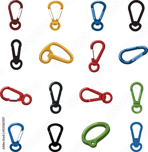 A versatile vector illustration set of colorful carabiner clips and keychains with various shapes, ideal for outdoor, security, and sports designs. Functional collection.