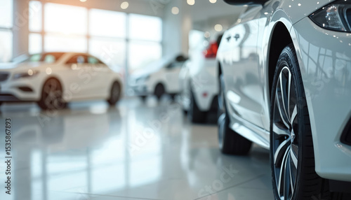Modern car showroom with bright, spacious interior. White luxury cars on display, inviting atmosphere for automotive enthusiasts. Vehicle sale, client service, transportation, innovation main