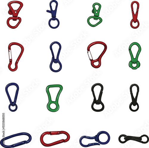 A versatile vector illustration set of colorful carabiner clips and keychains with various shapes, ideal for outdoor, security, and sports designs. Functional collection.