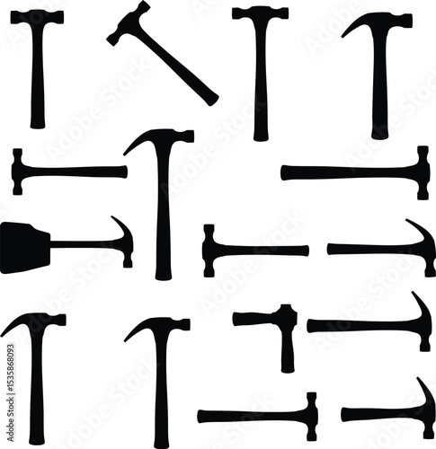 A comprehensive vector illustration set of claw hammers and various striking tools, ideal for construction, DIY, and handyman design projects. Essential toolkit.