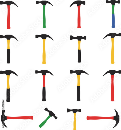 A comprehensive vector illustration set of claw hammers and various striking tools, ideal for construction, DIY, and handyman design projects. Essential toolkit.