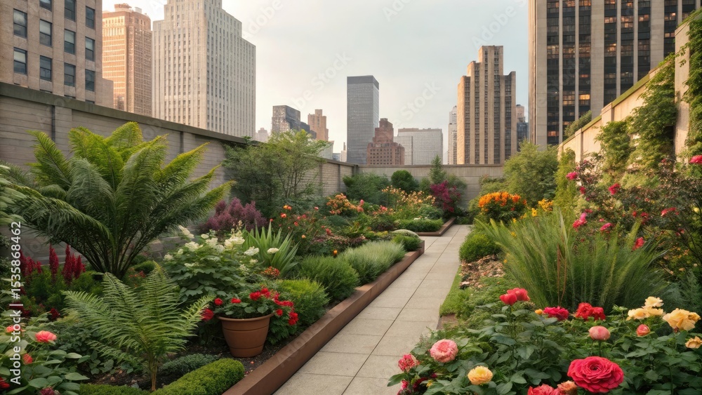 Fototapeta premium Rooftop garden oasis amidst city skyscrapers