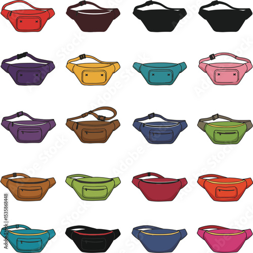 A comprehensive vector illustration set showcasing various colorful fanny packs and waist bags, ideal for fashion, travel, and accessory designs. Trendy and versatile collection.