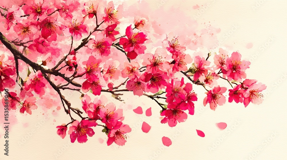 Blossoming cherry branch with pink flowers and falling petals. Blossoming cherry branch with pink flowers and falling petals.