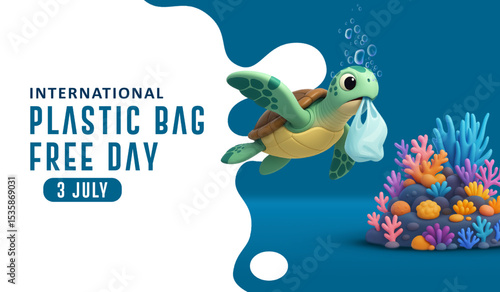 Promoting awareness for International Plastic Bag Free Day on July 3 with colorful coral reef. Illustration of a cute sea turtle carrying a plastic bag underwater, symbolizing ocean pollution. 