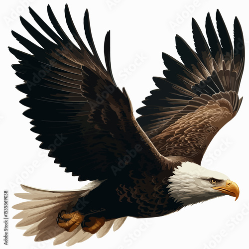 Bald Eagle Silhouette – Black Vector Bird in Flight with Spread Wings and Curved Beak on White Background