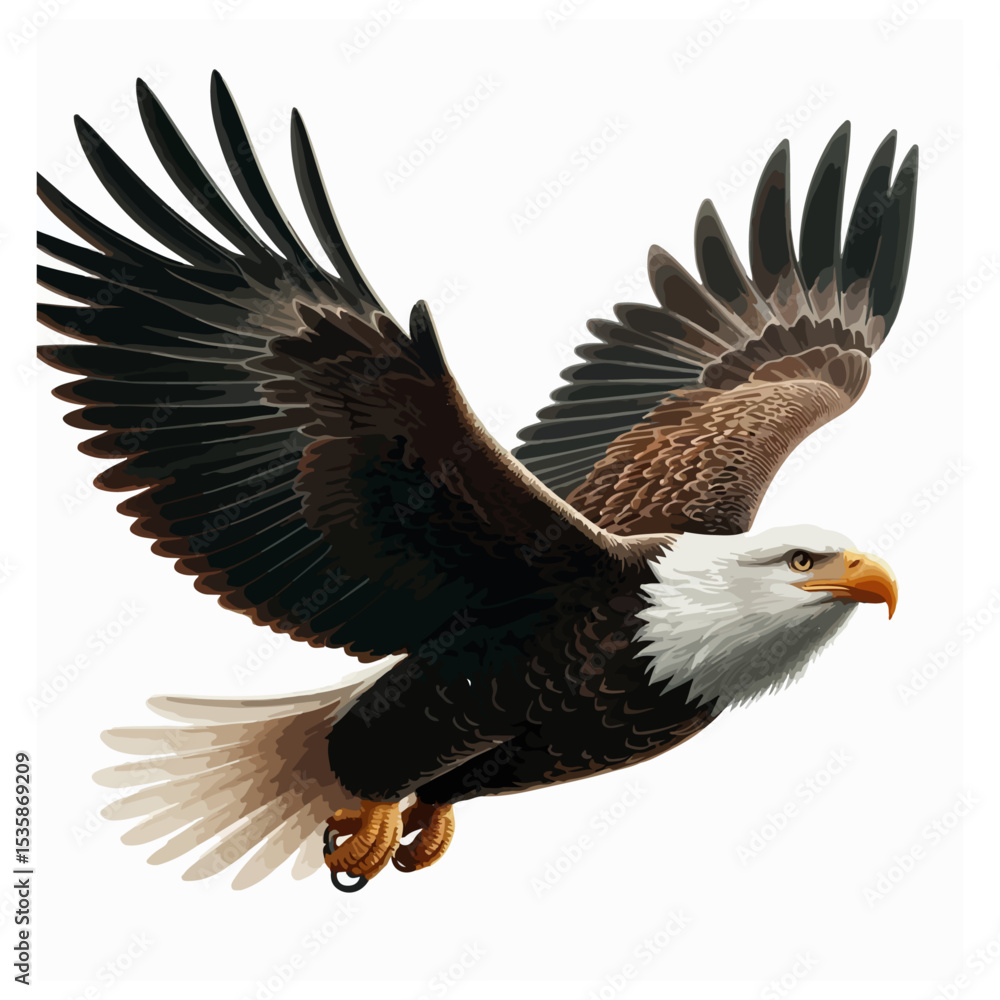 Fototapeta premium Bald Eagle Silhouette – Black Vector Bird in Flight with Spread Wings and Curved Beak on White Background
