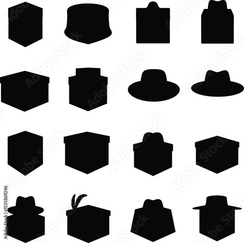 Vector illustration featuring a diverse collection of abstract box silhouettes, including elements reminiscent of a Leather Hat box, ideal for packaging, gift, and storage concepts.