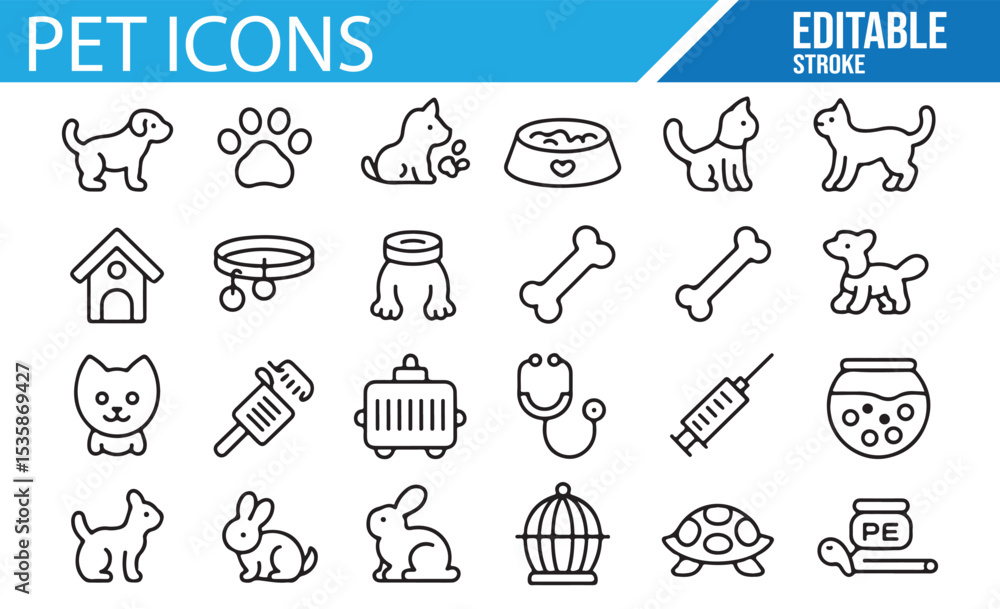 Fototapeta premium Collection of Pet and Animal Care Icons Featuring Dogs, Cats, and Veterinary Tools