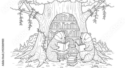 Whimsical Coloring Page Badgers Reading by Bookshelf Tree - Nature, Education, and Creative Illustration