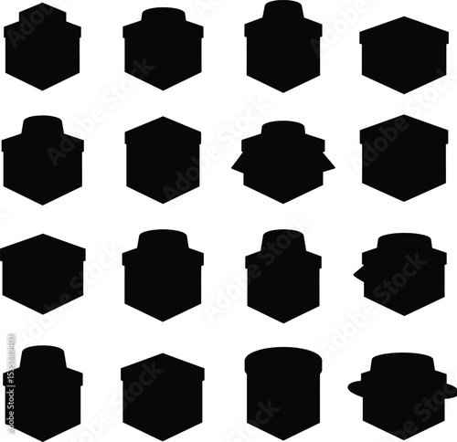 Vector illustration featuring a diverse collection of abstract box silhouettes, including elements reminiscent of a Leather Hat box, ideal for packaging, gift, and storage concepts.
