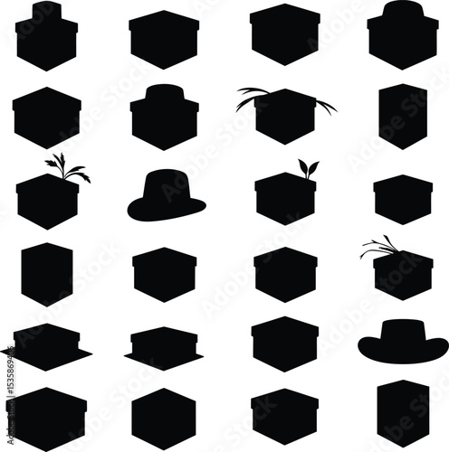 Vector illustration featuring a diverse collection of abstract box silhouettes, including elements reminiscent of a Leather Hat box, ideal for packaging, gift, and storage concepts.