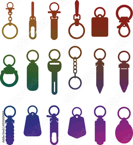 Vector illustration featuring a diverse collection of colorful keychains and keyrings in various shapes and designs, ideal for branding, accessories, and promotional concepts.