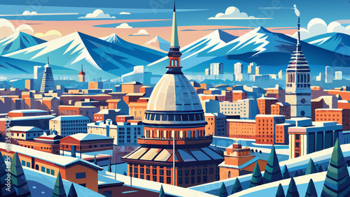Aerial panoramic winter view on Turin city center with Mole Antonelliana, modern skyscrapers and other buildings, clear blue sky morning with Alps full of snow on background