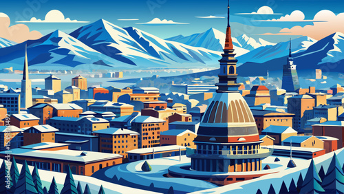 Aerial panoramic winter view on Turin city center with Mole Antonelliana, modern skyscrapers and other buildings, clear blue sky morning with Alps full of snow on background
