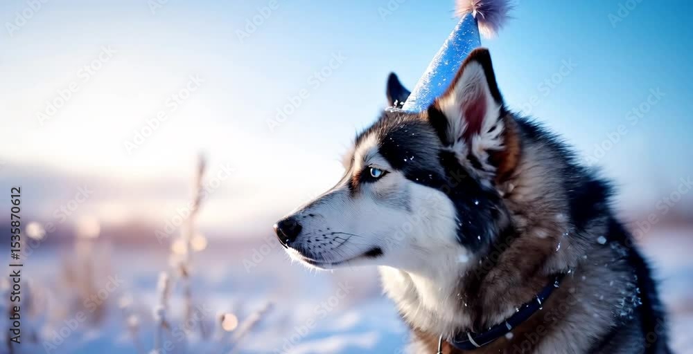 Siberian husky looking at the camera on snowy background, bright sky and cold atmosphere, friendly winter pet concept. pet care, winter ads, animal lovers concept Siberian husky looking at the camera on snowy background, bright sky and cold atmosphere, friendly winter pet concept. pet care, winter ads, animal lovers concept