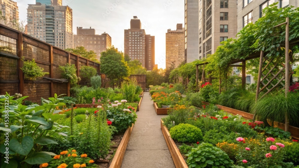 Fototapeta premium Urban rooftop garden blooming flowers cityscape