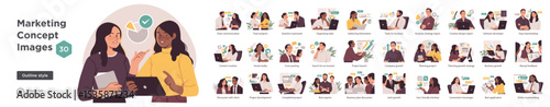 Collection of 30 editable flat outline illustrations for marketing concepts like teamwork, content creation, business planning, and communication.