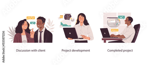 Illustrations showing stages of business project workflow: client discussion, active development, and successful completion with data visualization.