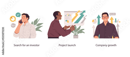 Flat illustrations showing stages of business success: seeking investors, launching a project, and achieving measurable company growth with analytics.
