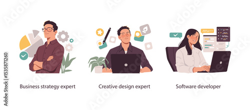 Flat illustrations of key modern roles: business strategist, creative designer, and software developer working with data, visuals, and code.