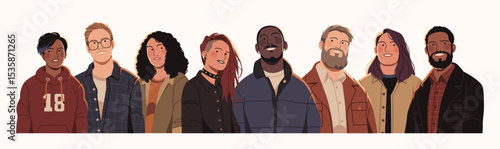 Flat illustration of a diverse group of young adults in modern clothing, representing unity, inclusivity, and individuality across cultures and styles.